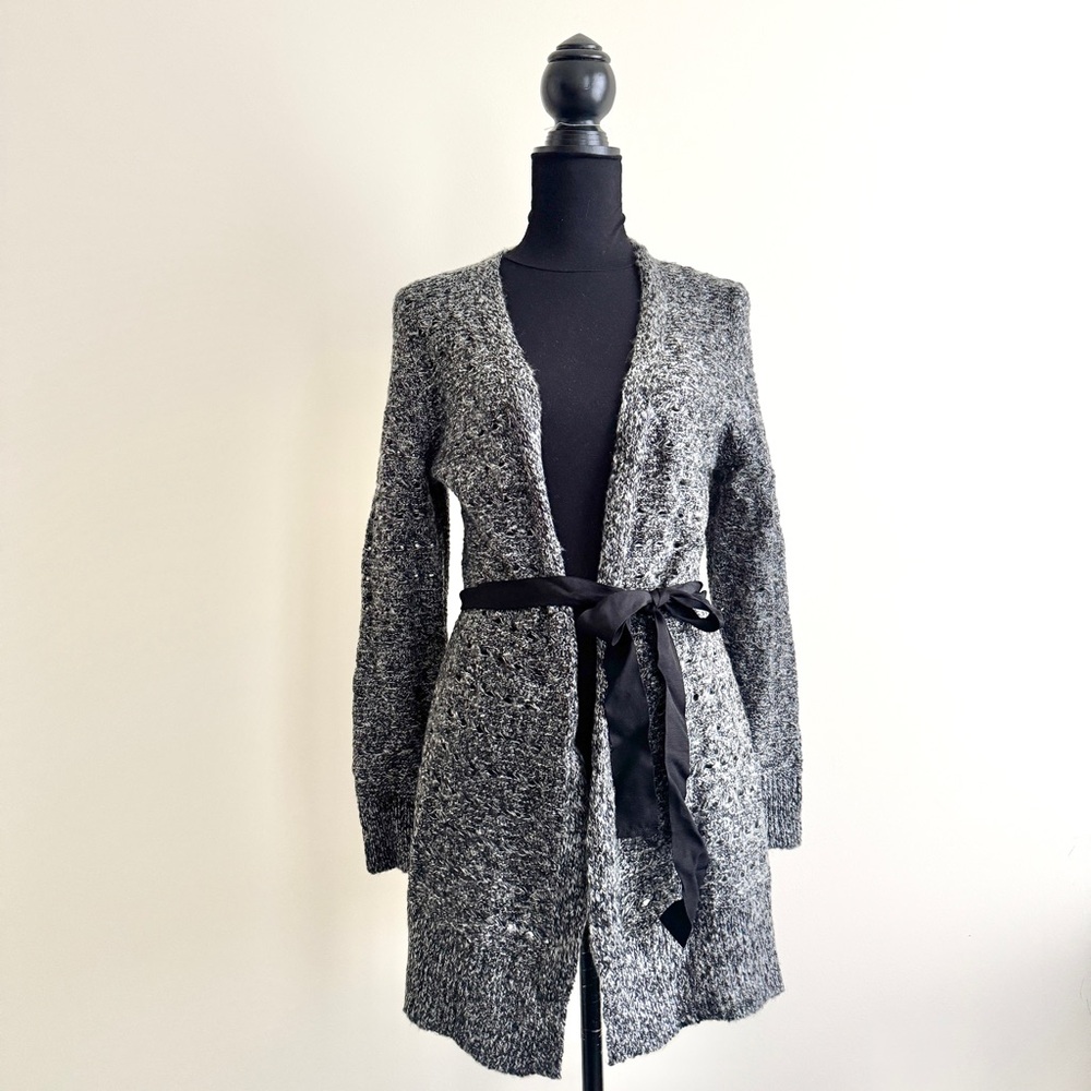 89th & Madison Openwork Knit Tie-Front Cardigan Heather Charcoal Grey (Size M)
